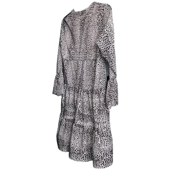 NO MFG. TAG LONG BELL SLV V-NECK RUFFLE LAYERS MIDI DRESS, WOMENS, S-BROWN/CREAM - Picture 5 of 12